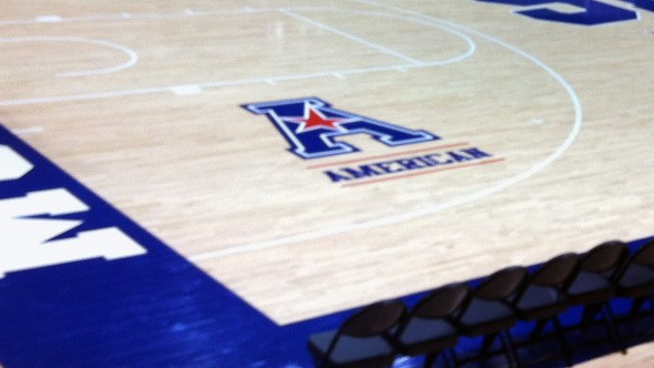 The American logo on the floor of SMU's Moody Coliseum.