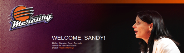 Phoenix Mercury website splash page announcing Sandy Brondello as head coach.