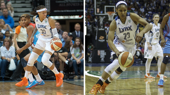 Seimone Augustus and Maya Moore during the 2013 WNBA Finals. Photos © Robert Franklin, all rights reserved.
