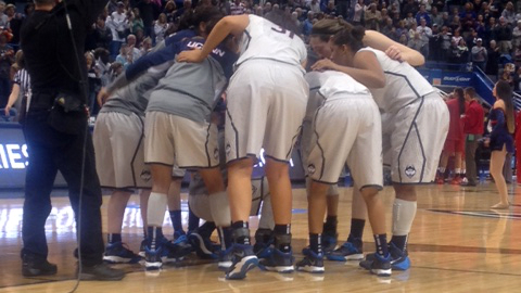 HARTFORD, Conn. (November 9, 2013) -- Connecticut in a pregame huddle. HARTFORD, Conn. (November 9, 2013) -- Connecticut in a pregame huddle.