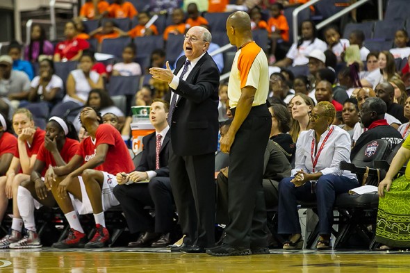 WASHINGTON (July 24) - Washington Mystics head coach Mike Thibault shows his displeasure with a call during this 2013 WNBA game between the Washington and Chicago at the Verizon Center in Washington, DC.  The Mystics won 82-78.  Photo © Mark W. Sutton, all rights reserved.