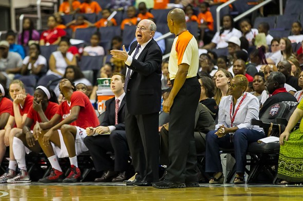 WASHINGTON (July 24) - Washington Mystics head coach Mike Thibault shows his displeasure with a call during this 2013 WNBA game between the Washington and Chicago at the Verizon Center in Washington, DC. The Mystics won 82-78. Photo © Mark W. Sutton, all rights reserved.