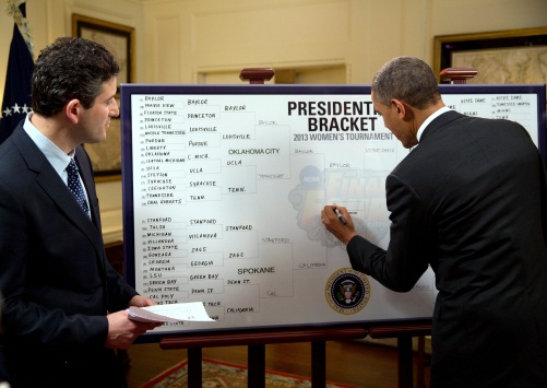 President Obama filling out his 2013 bracket for the NCAA DI women's basketball tournament. Official White House photo/Pete Souza.